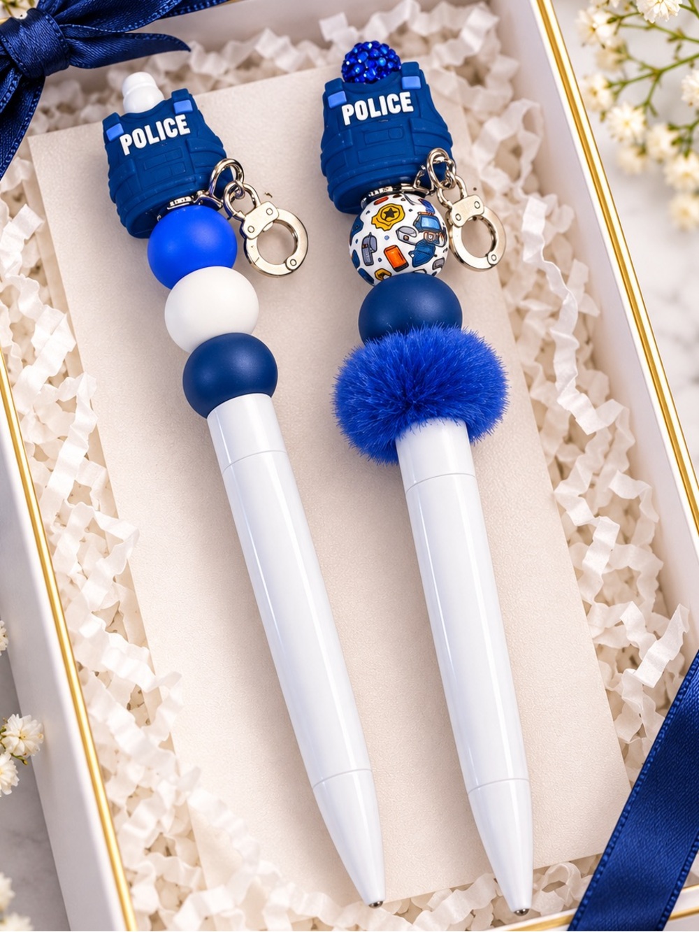Set of 2 Police-Themed Blue & White Decorative Pen Set NEW